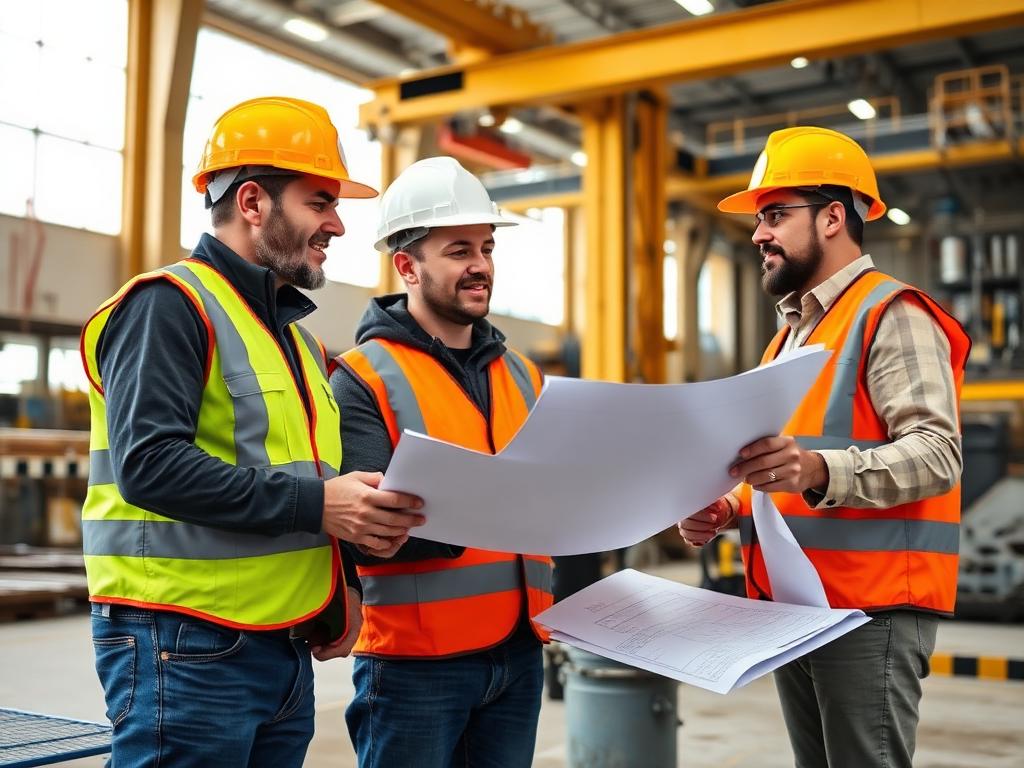Engineers and architects working in a building with machinery and equipment